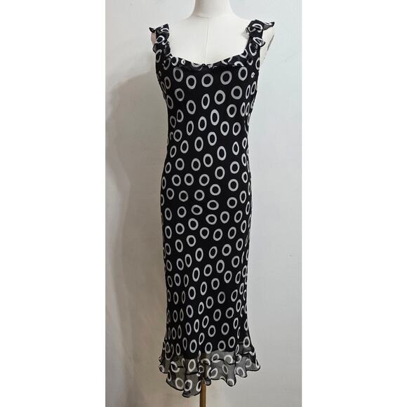 Fiori di Zucca Vtg 90s Y2K Whimsigoth Silk Black White Dot Ruffle Midi Dress 8 - Picture 1 of 12